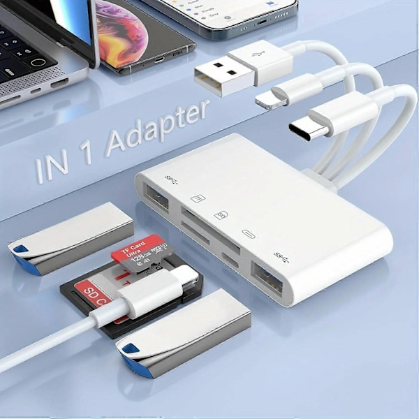 5-in-1 USB OTG -sovitin SD TF -muistikortinlukija USB Type C Lightning 3-porttinen kamera Multimemory iPhone Macbook Samsung Huawei PC -tarvikkeille