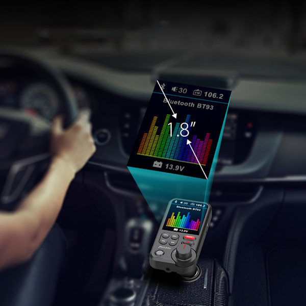 Bluetooth-adapteri autoon, vahva mikrofoni FM-lähetin auto Bluetooth 1,8 tuuman värinäytöllä handsfree-puheluihin, tukee QC3.0-latausta,