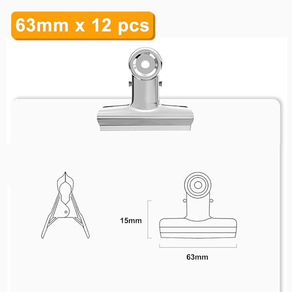 Stora gångjärnsklämmor 12-pack 63mm Bulldog-klämmor Runda metallgångjärnsklämmor Bindeklipp i rostfritt stål