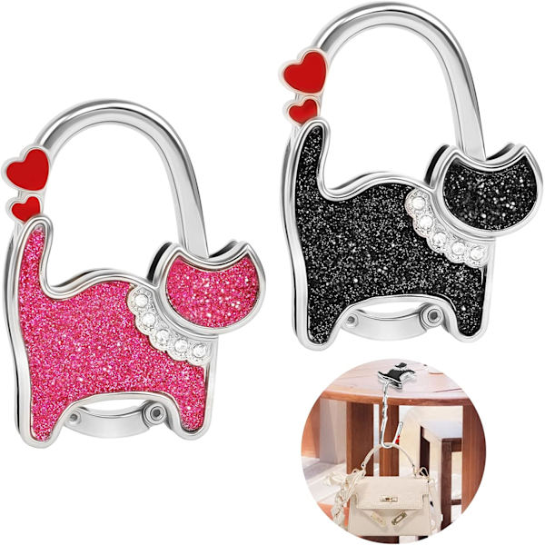2 st Handväskkrok Kattformad Handväskkrok Bärbar Fällbar Handväskkrok Perfekt Jul Nyår Present till Kvinnor Flickor Svart, Röd