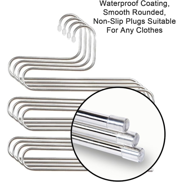 Housutripun S-muotoinen liukumaton housunripustin, ruostumaton teräs, vaateteline, kaapin säilytyksen järjestäjä housuille, farkuille, huiville (6-pakkaus)