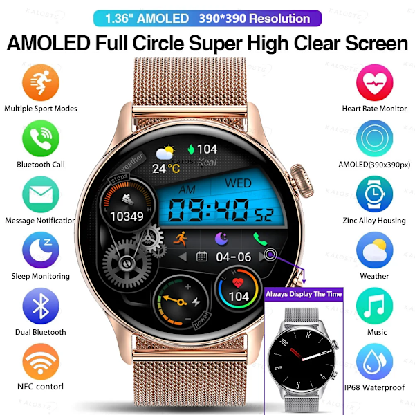 KAVSUMI Smartwatch AMOLED HD-skærm Altid tændt display Dameure Bluetooth Opkald IP68 Vandtæt Sport Fitness Mænd Smartwatch Gyldent Stål B