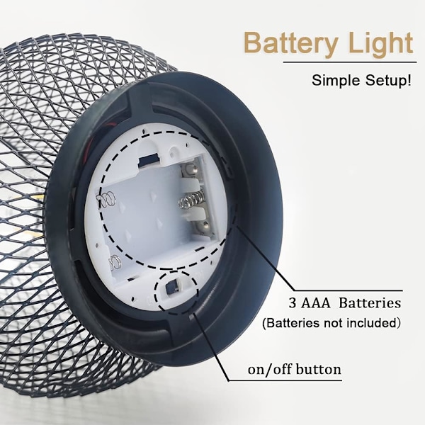 Nattbordlampe Bur Batteridrevet Metall Bordlamper Trådløs med LED Edison Pære for Soverom Fest Spisestue Kontor (Svart)