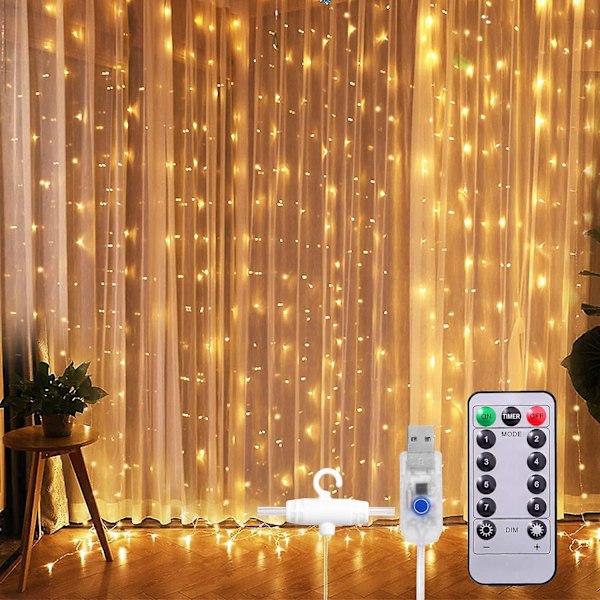 Window Curtain Light String 300 LED 8 Lighting Modes Light Remote Control USB Powered Waterproof (Warm White) 3*3m（3*2M）