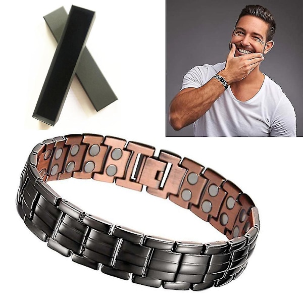 1 stk. Kobber Magnetisk Armbånd til Mænd mod Gigt Smerter Elegant Massivt Kobber Armbånd med Dobbelt Række Stærke Magneter, Bronze Sort Dobbelt Række