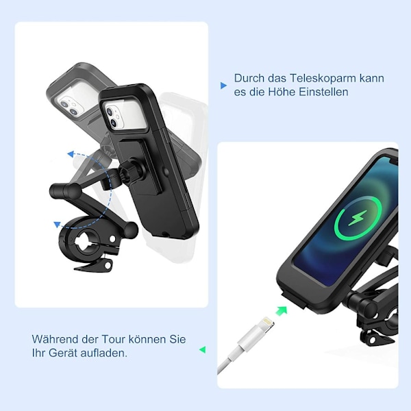 Pyörän Matkapuhelinpidike, Vedenpitävä Älypuhelinpidike Kosketusnäytöllä, 360° Kääntyvä, Korkeussäädettävä iPhone Samsung Galaxy Huawei To