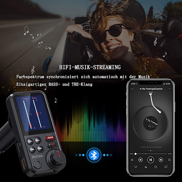 Bluetooth-adapteri autoon, vahva mikrofoni FM-lähetin auto Bluetooth 1,8 tuuman värinäytöllä handsfree-puheluihin, tukee QC3.0-latausta,