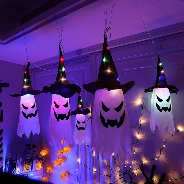 Outdoor Halloween Decorations Hanging Ghost with Witch Hats, 5 Pa