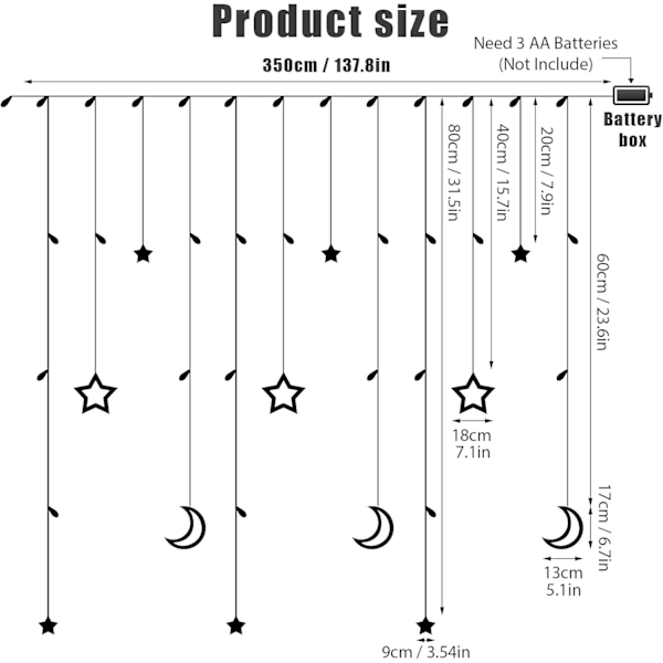 Stjerne Måne Gardinlys, 3,5 m Måne Gardinlys Ramadan, LED Stjerne Lyslenke, Stjerne Gardinlys, Dekorativ Lampe for Vindu, Jul