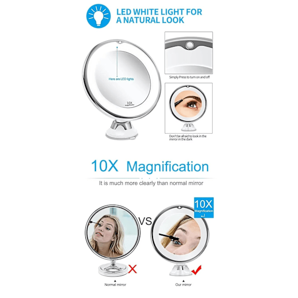 LED Sminkspegel med Sugkopp och 360° Rotation