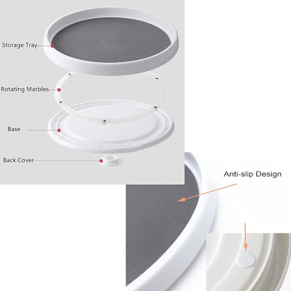 Lazy Susan Turntable Cabinet Organizer, Roterande Kryddställ för Köksförvaring & Organisering, Halkskyddad Kryddhållare, Vit Plast Stor