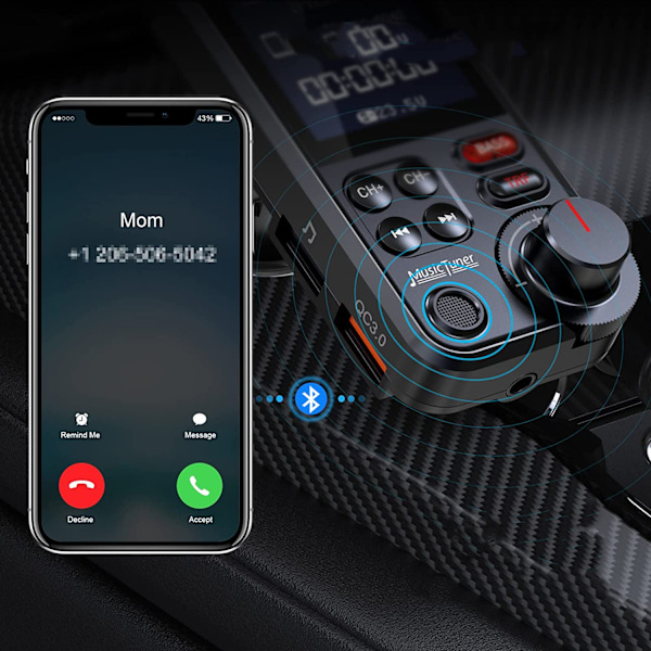 Bluetooth-adapteri autoon, vahva mikrofoni FM-lähetin auto Bluetooth 1,8 tuuman värinäytöllä handsfree-puheluihin, tukee QC3.0-latausta,