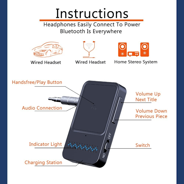 Bluetooth adapter bil, trådløs Aux Bluetooth 5.0-adapter med håndfrie samtaler, Bluetooth-mottaker for bil, hodetelefoner og hjemmestereosystemer (dobbel)