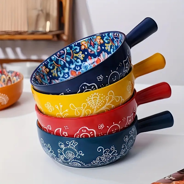 4 stk 15,8 cm Store Bohemske Keramiske Salatskåler Med Håndtak, Mikrobølgeovns- og Ovnsikre For Baking og Servering Hjemme, 650ml