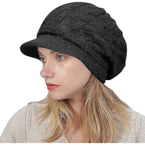 Sztxj Beanie For Women - Knitted Winter Beanie With Fleece Lining Women's Beret Warm Knitted Wool Hat With Visor Baker Boy Beanie With Visor (Black)