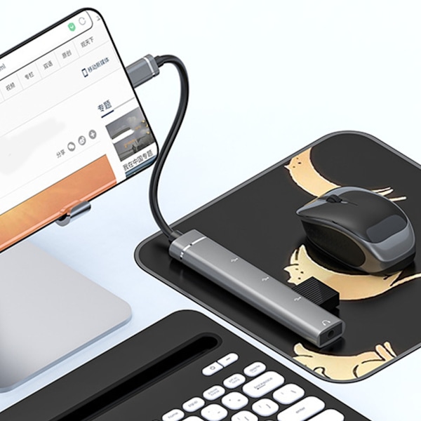 Type-C-telakointiasema 3,5 mm:n liittimeen USB2.0 TypeC HUB 4-in-1-jakaja USB C -sovitin UDisk-näppäimistölle, harmaa
