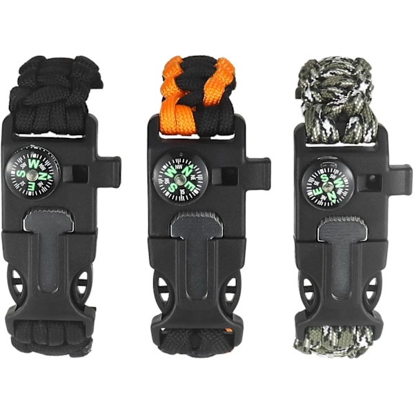 Överlevnadsarmband - Friluftsutrustning med kompass, eldstål, visselpipa (3-pack)