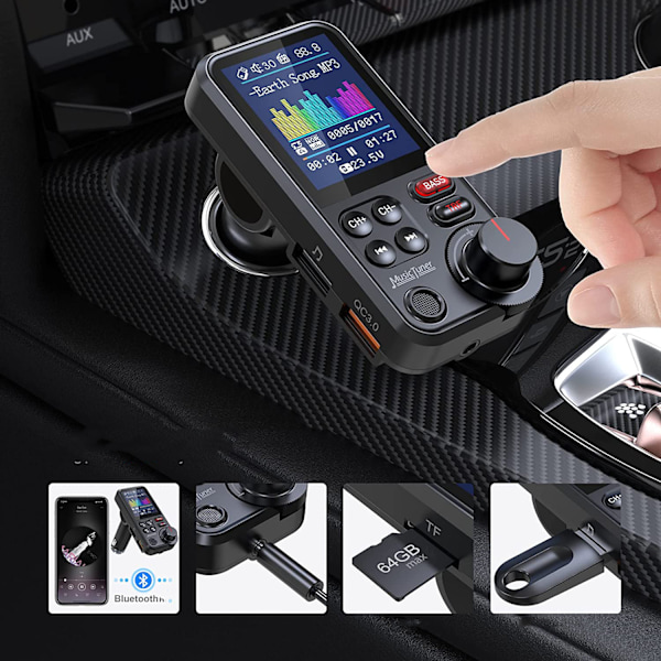 Bluetooth-adapteri autoon, vahva mikrofoni FM-lähetin auto Bluetooth 1,8 tuuman värinäytöllä handsfree-puheluihin, tukee QC3.0-latausta,