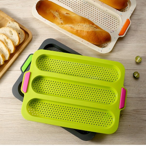 Perforerede silikonebaguetteforme Nonstick 3 bølgede brød Ristet brød bageforme til kage madlavning