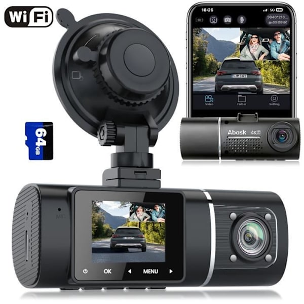 Abask J05 Pro Bilkamera 4K 1080P WIFI APP Anslutning DashCam Vinkel 170°+140° Mörkerseende Infraröd Med 64GB Kort