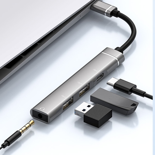 Type-C-telakointiasema 3,5 mm:n liittimeen USB2.0 TypeC HUB 4-in-1-jakaja USB C -sovitin UDisk-näppäimistölle, harmaa