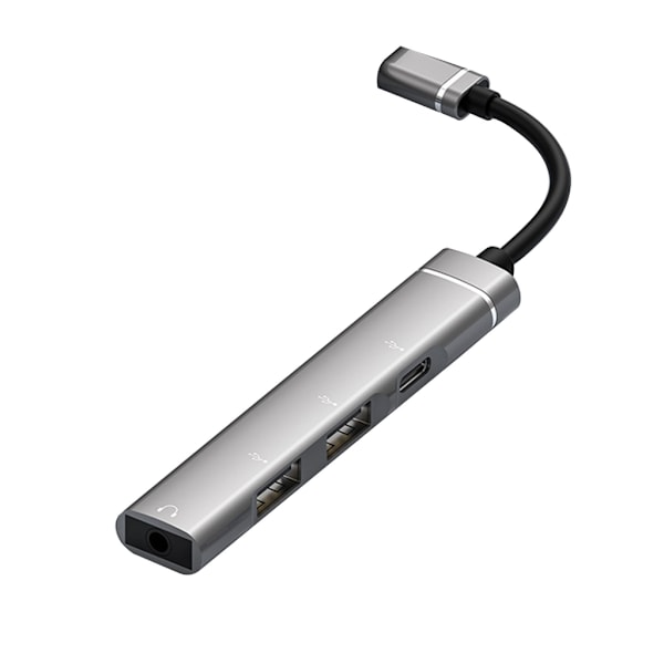 Type-C-telakointiasema 3,5 mm:n liittimeen USB2.0 TypeC HUB 4-in-1-jakaja USB C -sovitin UDisk-näppäimistölle, harmaa