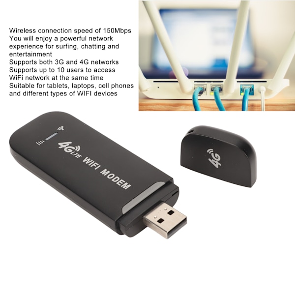 4G LTE USB WiFi-router 150 Mbps, understøtter 10 brugere, bærbar WiFi-modem, mobil WiFi-router til tablet, bærbar computer, sort