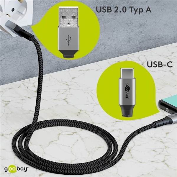 USB-C™ til USB-A tekstilkabel med metallkontakter 0,5 m
