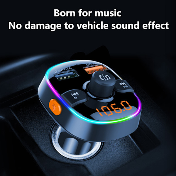 Bluetooth FM-lähetin autoon, QC3.0 langaton Bluetooth-radioadapteri Musiikkisoitin Laturi Autosarja handsfree-toiminnolla, 7-värisellä LED-taustavalolla, 2 USB-porttia