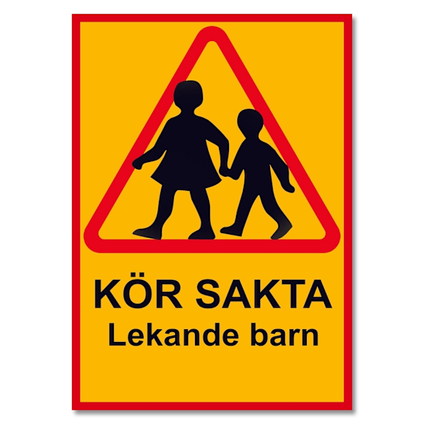 Kör sakta lekande barn - Skylt / Varningsskylt - Trafikskylt MultiColor
