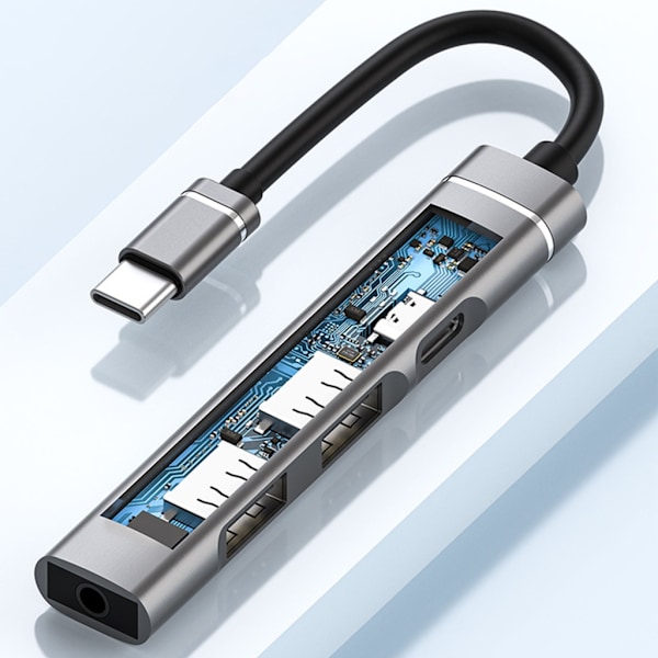 Type-C-telakointiasema 3,5 mm:n liittimeen USB2.0 TypeC HUB 4-in-1-jakaja USB C -sovitin UDisk-näppäimistölle, harmaa