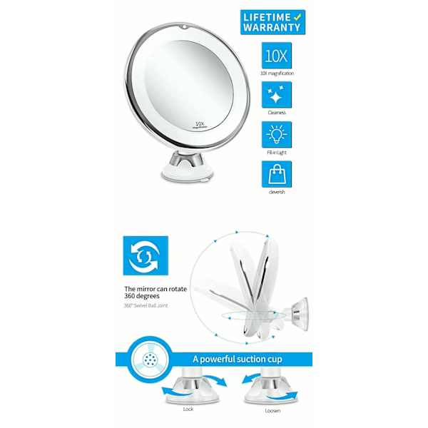 LED-meikkipeili imukupilla ja 360° pyörityksellä