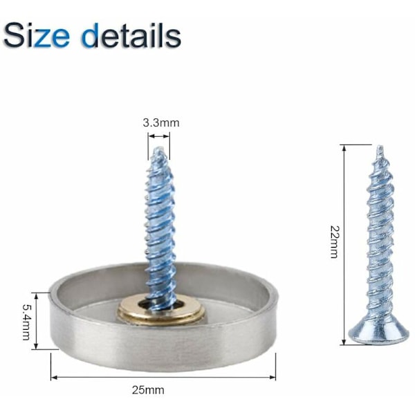 20 uppsättningar spegelskruvar, 25 mm spegelspikar i rostfritt stål med dekorativa lock