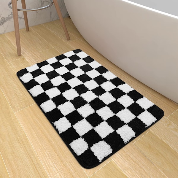 Black and White Plaid Bath Mat, Plush Microfiber Absorbent Bathroom Rugs Luxury Machine Washable Indoor Door Mat Non-Slip Shaggy (18''x25'')