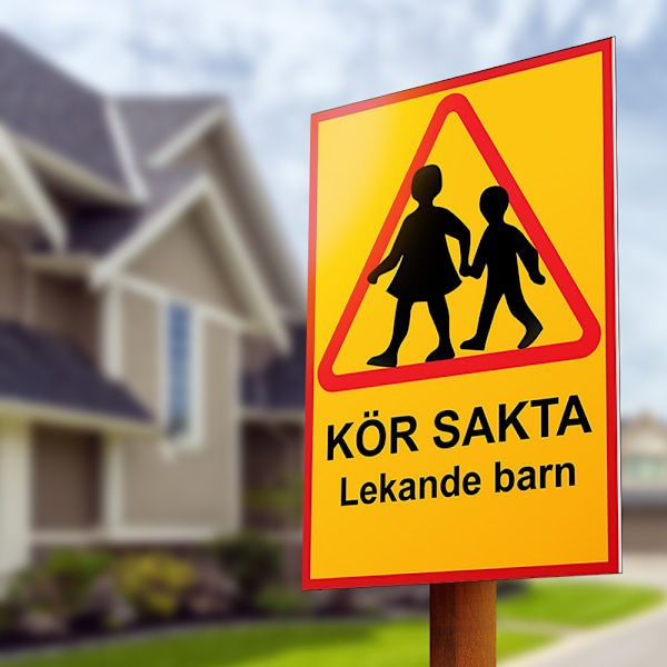 Kör sakta lekande barn - Skylt / Varningsskylt - Trafikskylt MultiColor