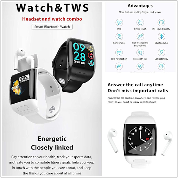 Smart armbånd 2 i 1 Smart Watch TWS trådløs Bluetooth