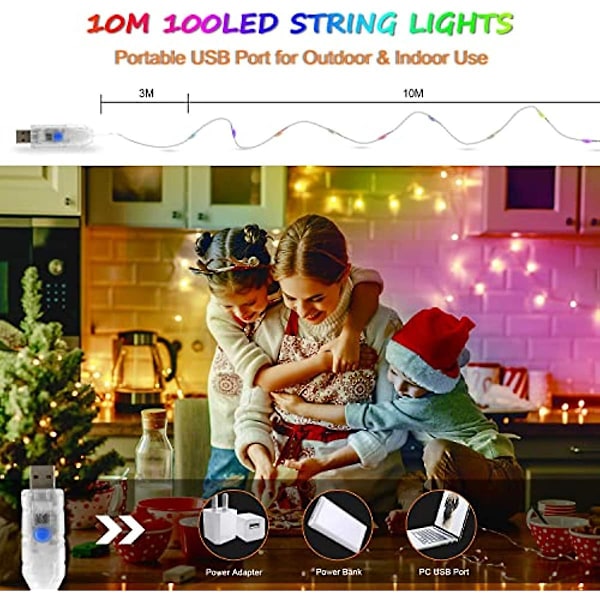 10m 100 LED Fejelygter Romwish USB-strenglys 11 Tilstande Ildflugtlys Dæmpning Timing Hukommelsesfunktion til Udendørs Fest Jul Hjem Dekoration