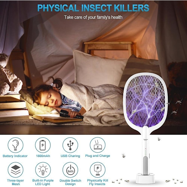 Elektrisk Flugsmällare, 2 i 1 Bug Zapper Laddningsbar, Kraftfull Myggfälla Lampa & Fruktflugedödare med UV-Ljus för Inomhus Hem Kontor Bakgård