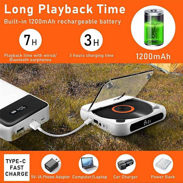 Bærbar CD-afspiller Bluetooth-højttaler LED-display Stereoafspiller Vægmonteret CD-musikafspiller med FM-radio Sort Sort-WELLNGS Black