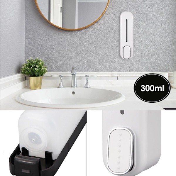 Tvålpump för väggmontering, vit, 300 ml, påfyllningsbar plast, flytande tvåldispenser, väggmonterad manuell schampodispenser, duschdispenser för hem och hotell