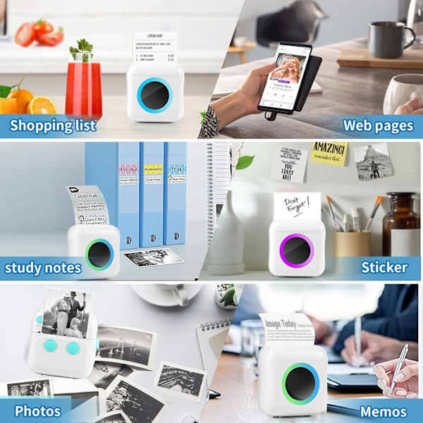Mini Trådlös Direktutskrift Fotoprinter, Bärbar Termisk BT-printer med Sju Färgade LED