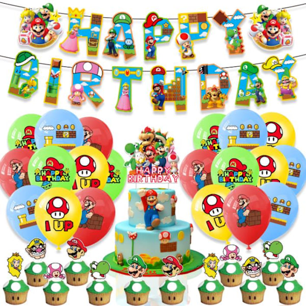 Super Mario themed birthday banner balloon party decorations