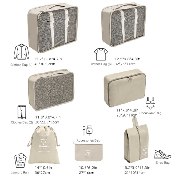 Reseorganisatör Packkuber för Resväska 7 st Väskinsatser Beige