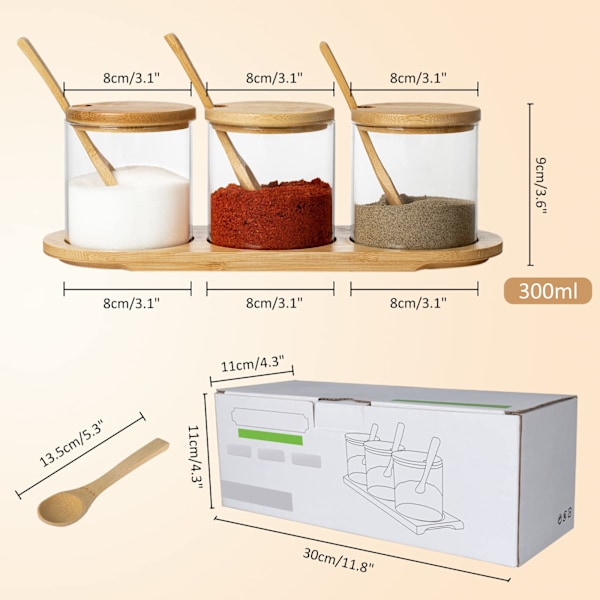 300ml Krydderidåser Lufttætte Sæt af 3 Krydderidåser med Ske, Låg og Bambusbund - Glas Køkkenopbevaringsdåser til Krydderier, Urter, Salt