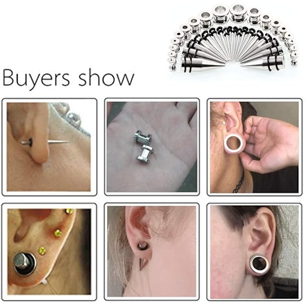 Sæt med 36 stretch ørepropper (sort) Metal 18 stretch ørepropper + 18 flesh tunnels dobbelte kammuslinger rustfrit stål 1,6 mm - 10 mm