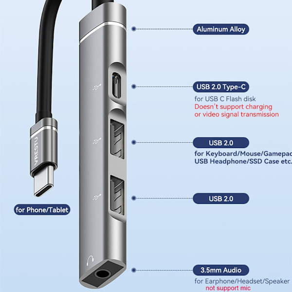 Type-C-telakointiasema 3,5 mm:n liittimeen USB2.0 TypeC HUB 4-in-1-jakaja USB C -sovitin UDisk-näppäimistölle, harmaa