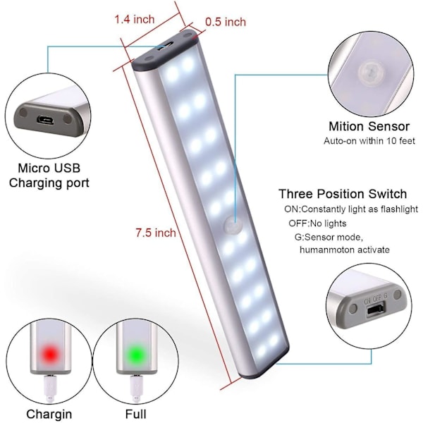 Liiketunnistimella varustettu kaapin valo, 20 LED-langatonta kaapin alle asennettavaa valoa