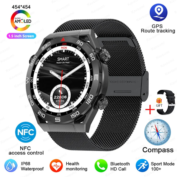 NFC AMOLED Smartklokke Herre Egendefinert Skive Svar Anrop Sport GPS Spor Kompass IP68 Vanntett Smartklokke For Huawei Ultim