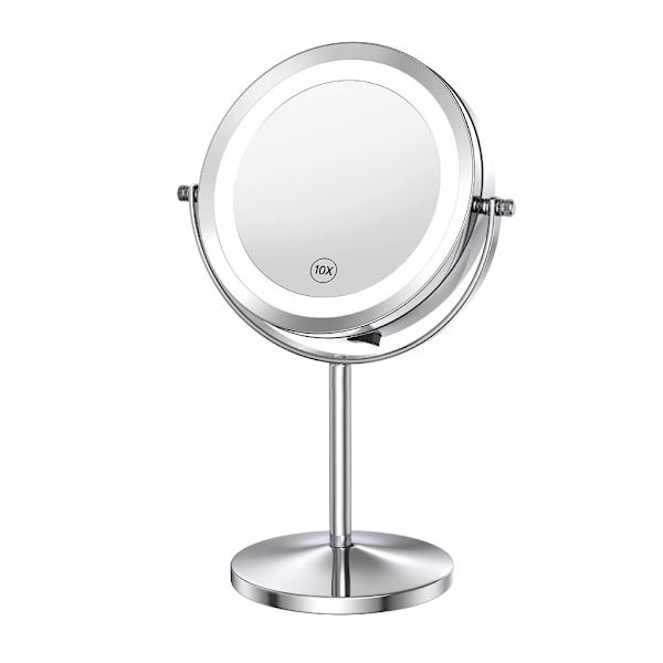 Light makeup mirror with light and magnifying glass, 1x/10x magnification double-sided LED mirror 360° rotatable round mirror