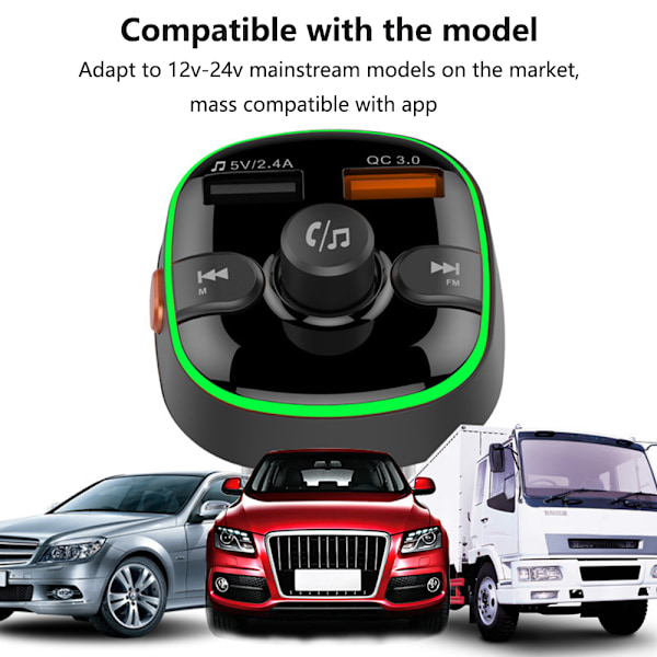 Bluetooth FM-lähetin autoon, QC3.0 langaton Bluetooth-radioadapteri Musiikkisoitin Laturi Autosarja handsfree-toiminnolla, 7-värisellä LED-taustavalolla, 2 USB-porttia
